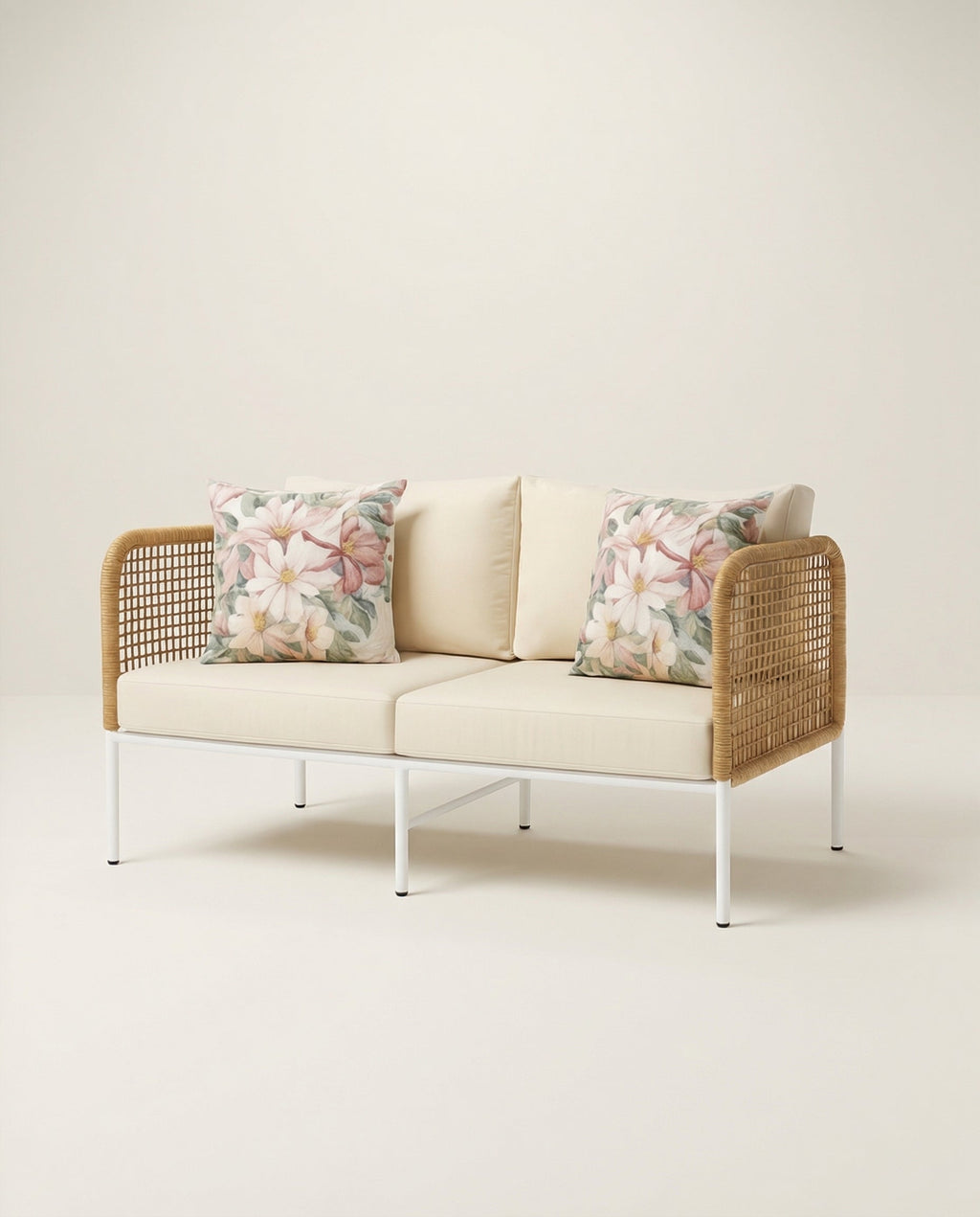Two-seater outdoor sofa with floral cushions on a light background
