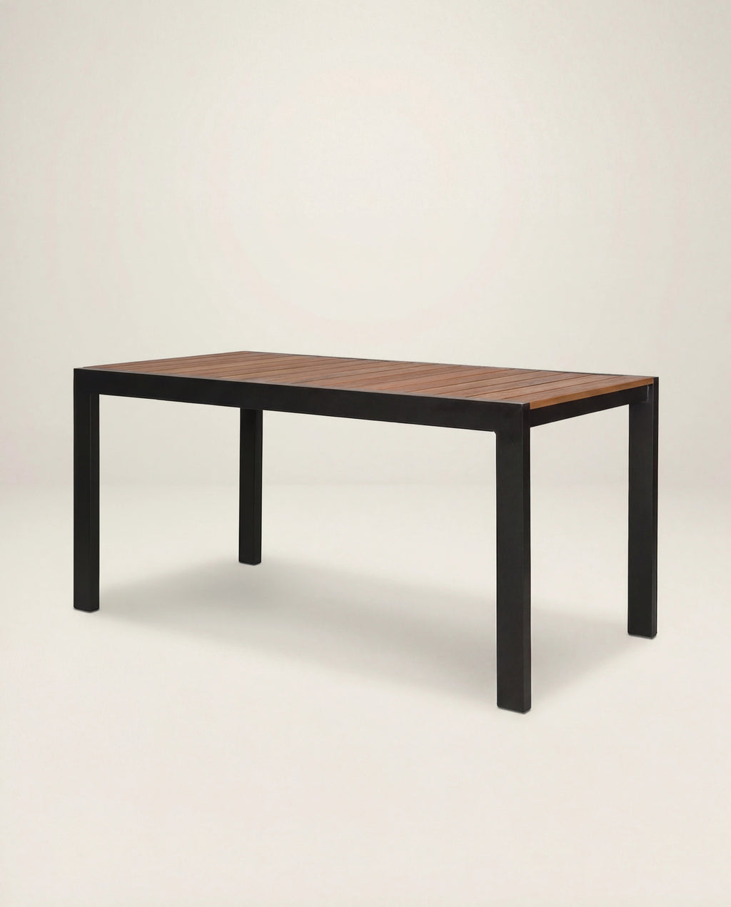 Wooden table with black metal legs on a white background